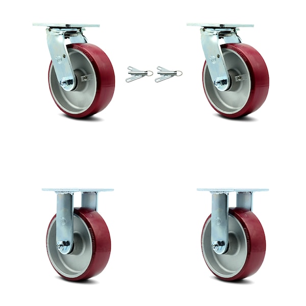 6 Inch Poly on Aluminum Caster Set with Roller Bearings 2 Swivel Lock 2 Rigid
